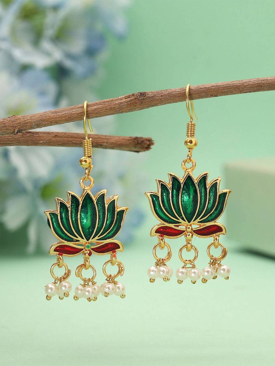 Green Alloy Meenakari Pearls Festival Party Wedding Lotus Earrings