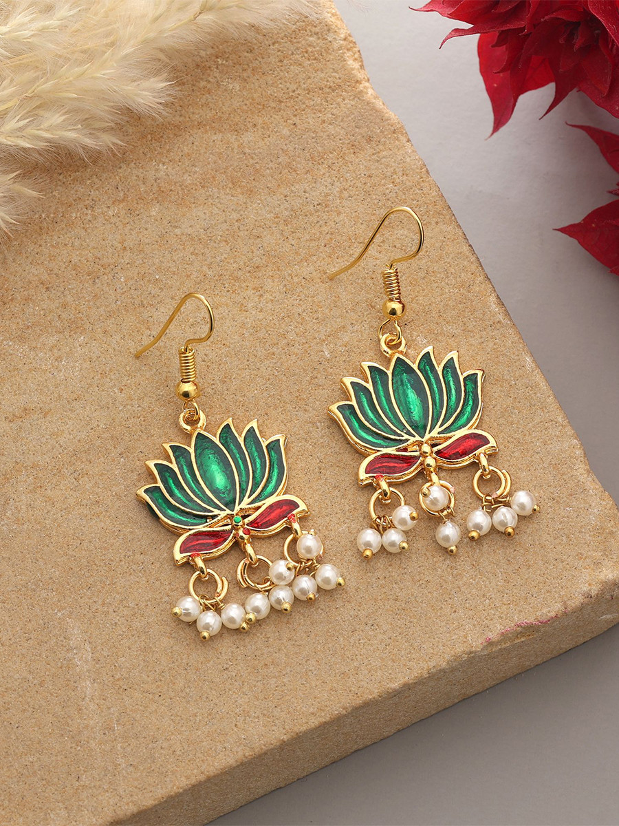 Green Alloy Meenakari Pearls Festival Party Wedding Lotus Earrings