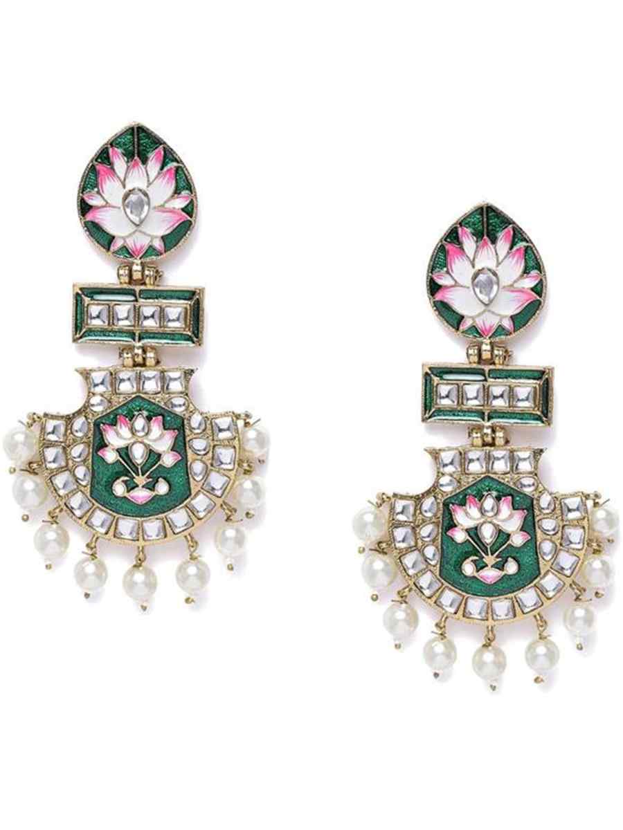 Green Alloy Metal Festival Wear Kundan Earrings