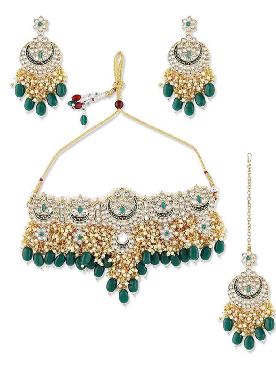 Green Alloy Metal Festival Wear Kundan Necklace