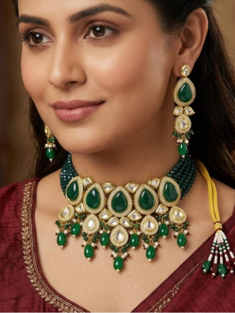 Image of Green Alloy Metal Gemstone Festival Party Wedding Necklace