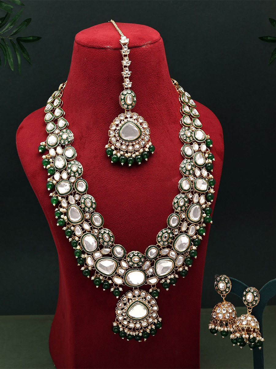 Green Alloy Metal Wedding Festival Party Wear Kundan Necklace