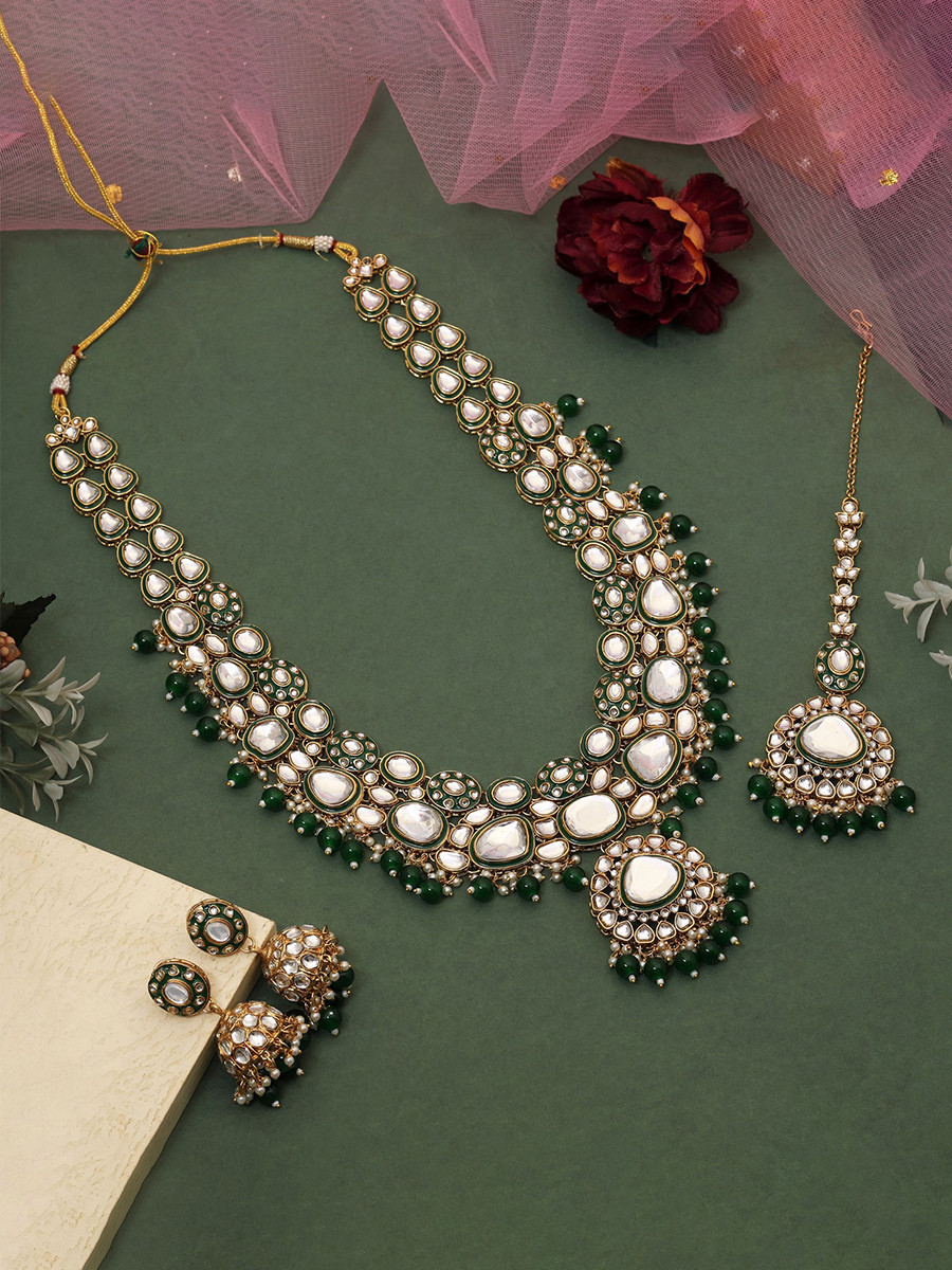Green Alloy Metal Wedding Festival Party Wear Kundan Necklace