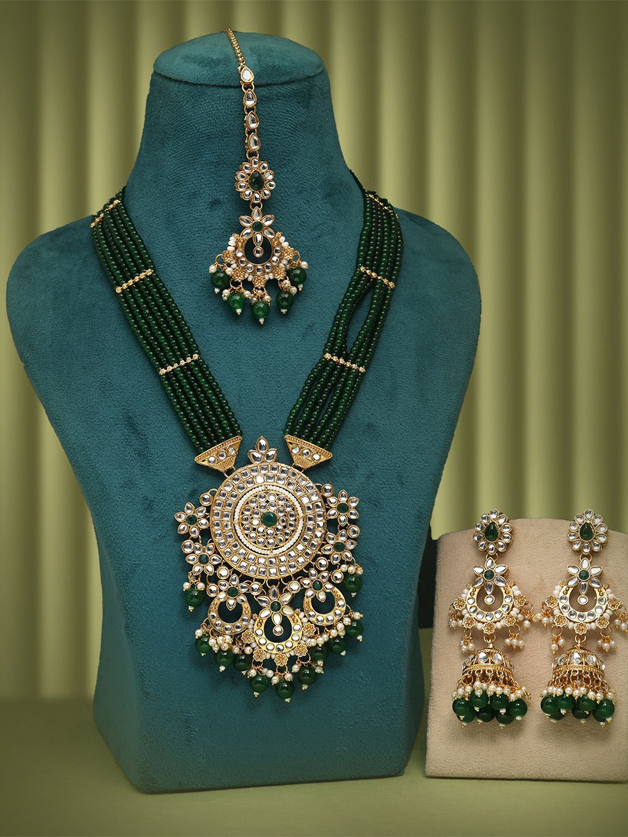 Green Alloy Metal Wedding Festival Party Wear Kundan Necklace
