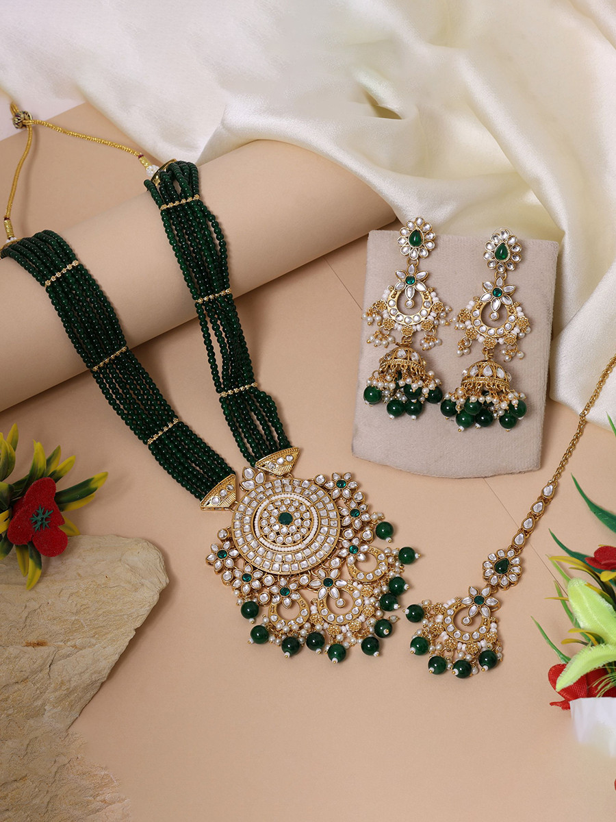 Green Alloy Metal Wedding Festival Party Wear Kundan Necklace