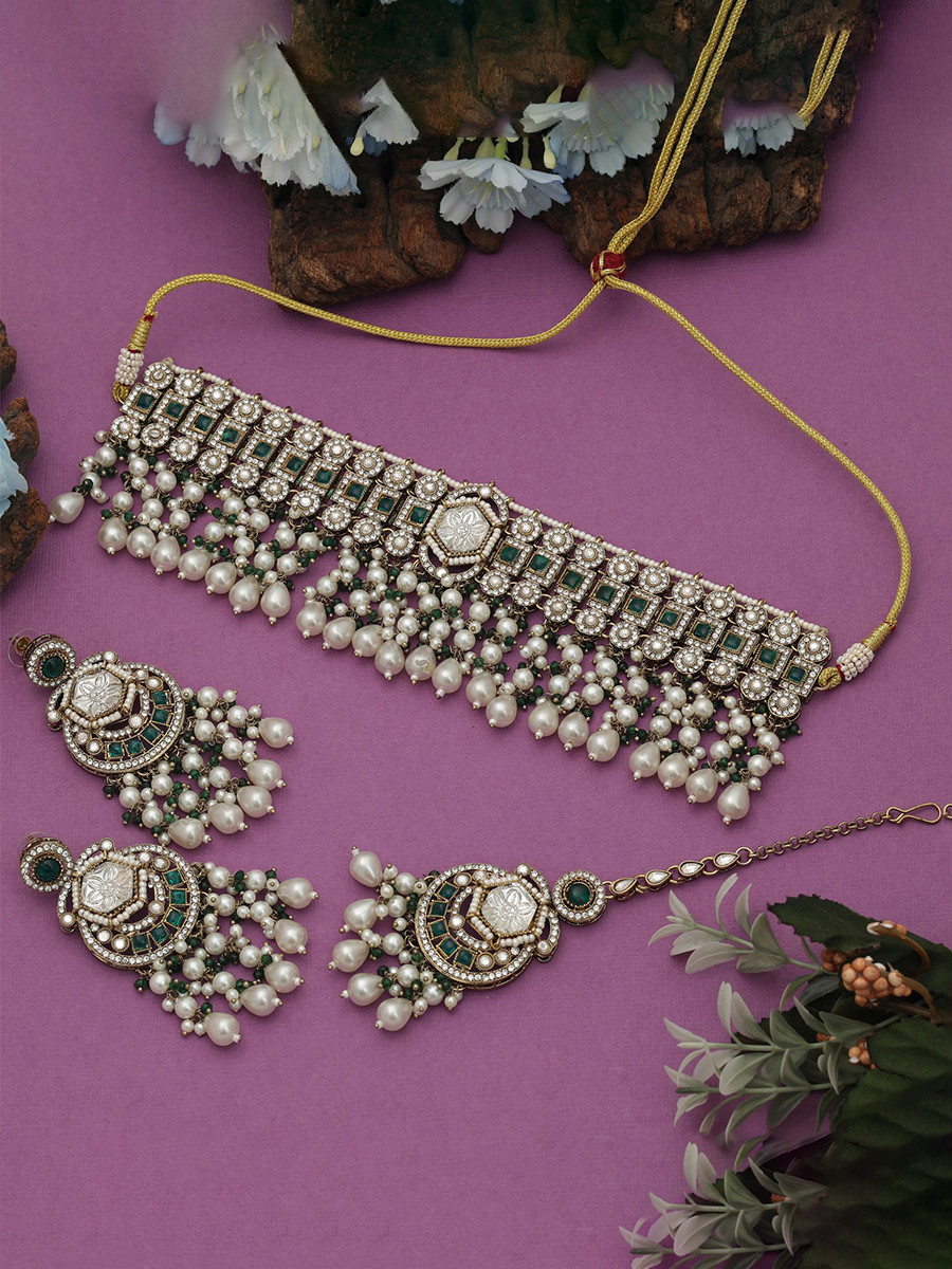 Green Alloy Wedding Party Festival Wear Meenakari Work Kundan Necklace