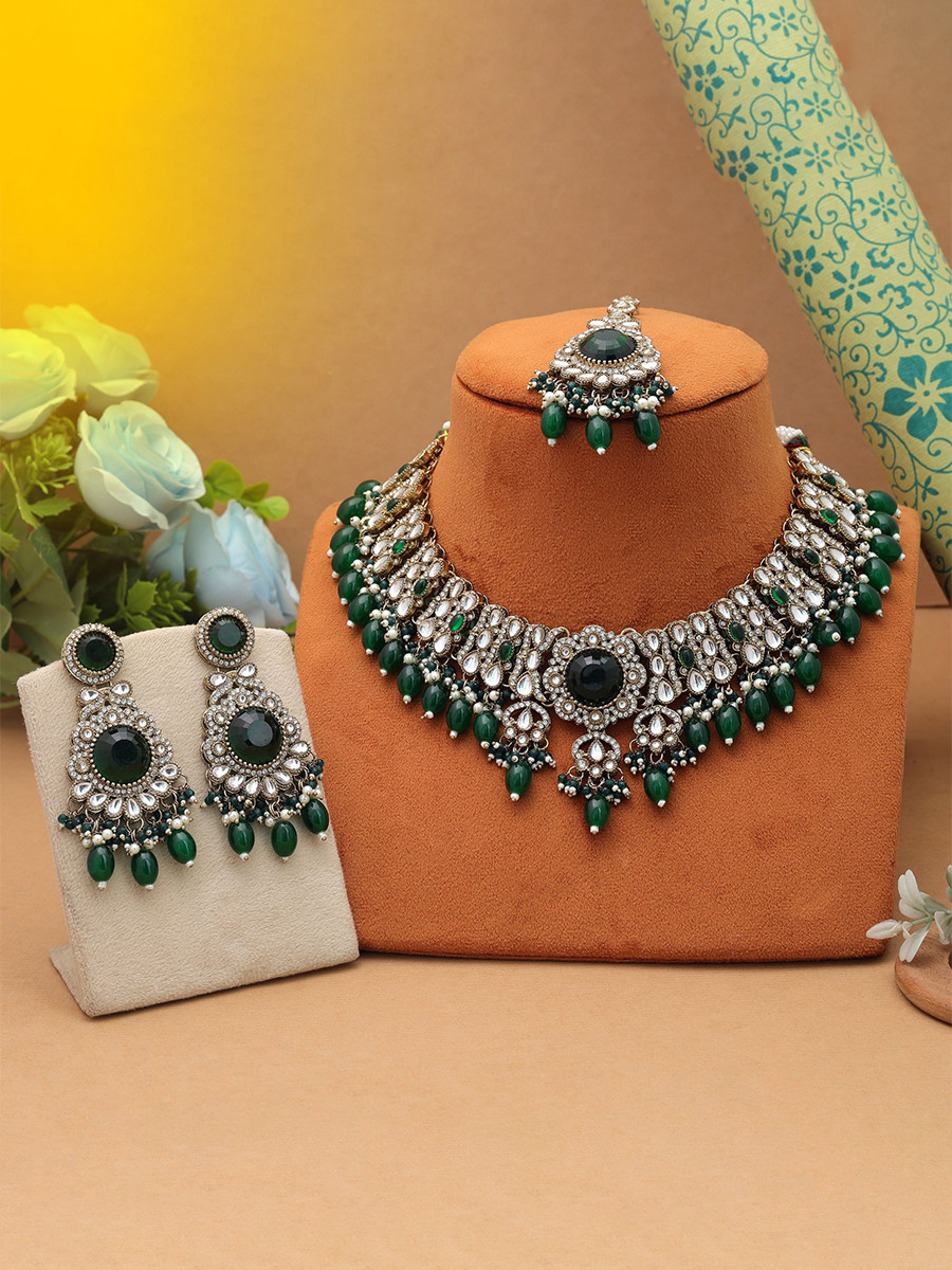 Green Alloy Wedding Party Festival Wear Meenakari Work Kundan Necklace
