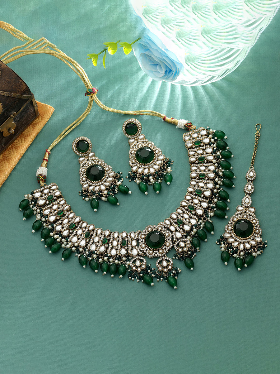 Green Alloy Wedding Party Festival Wear Meenakari Work Kundan Necklace