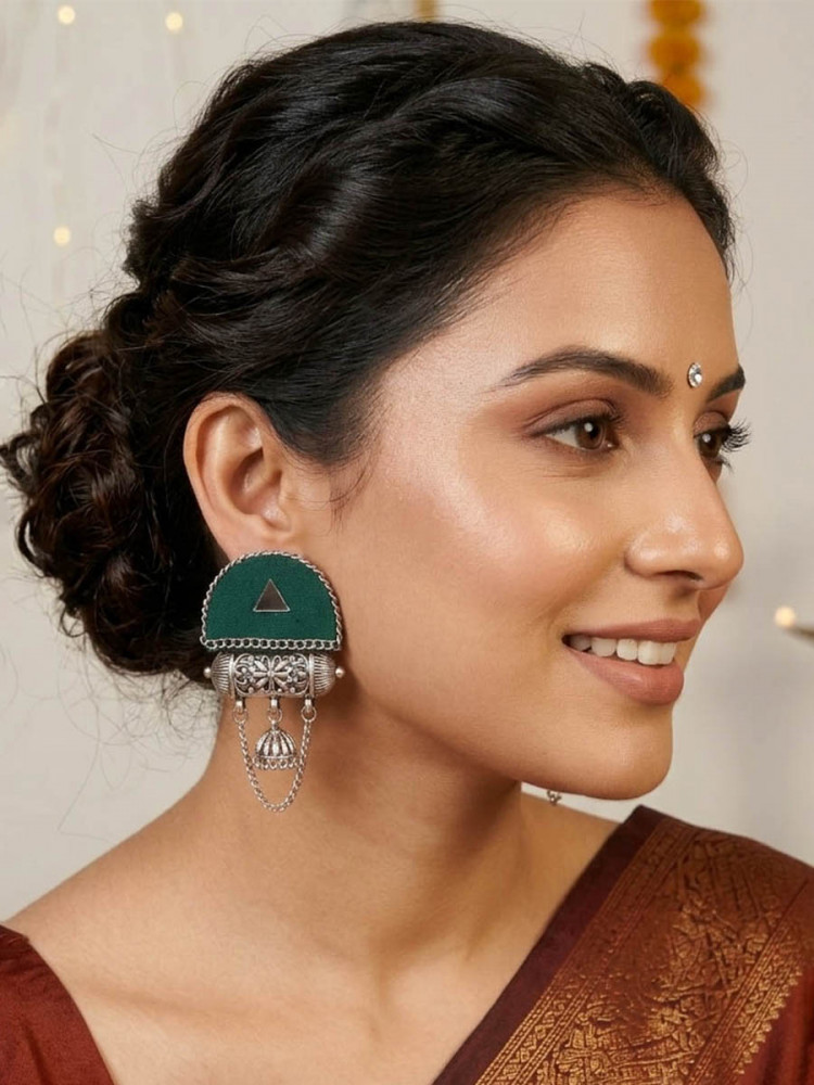 Image of Green Alloy Wedding Party Festival Wear Oxidised Stone Work Earrings
