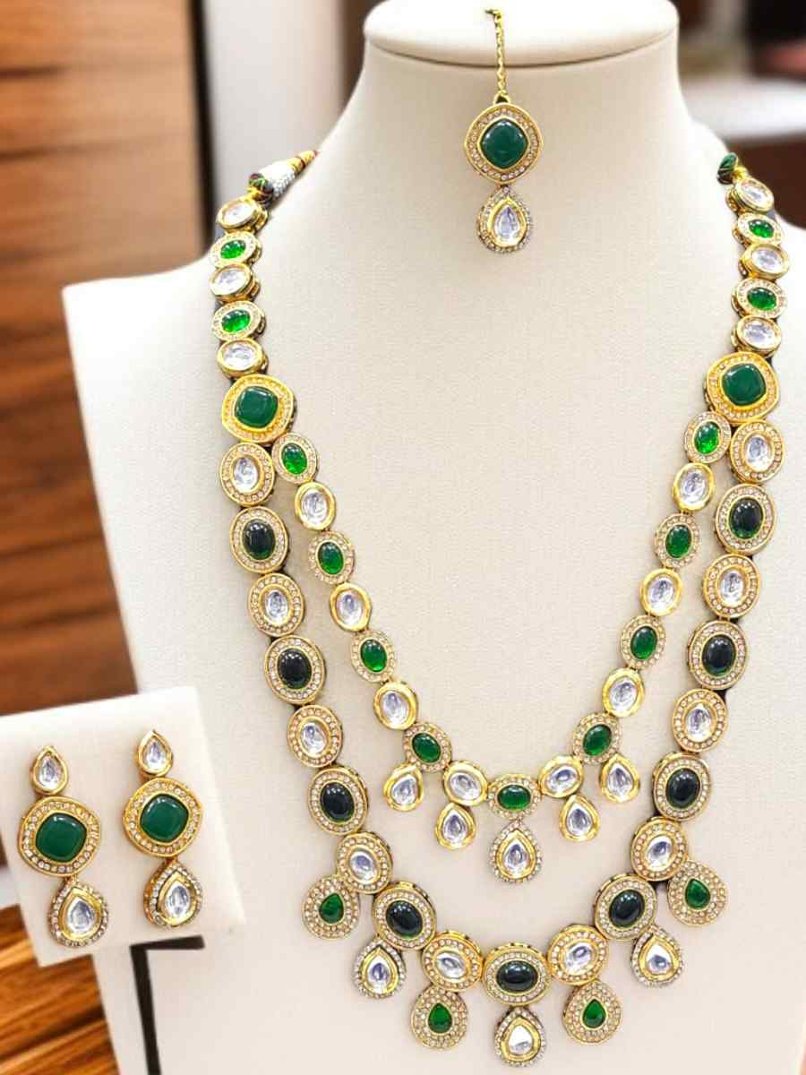 Green And Gold Alloy Wedding Party Festival Wear Kundan Necklace