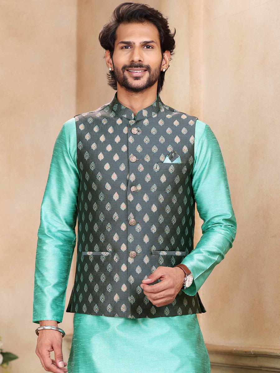 Green Art Banarasi Silk Printed Festival Wedding Kurta
