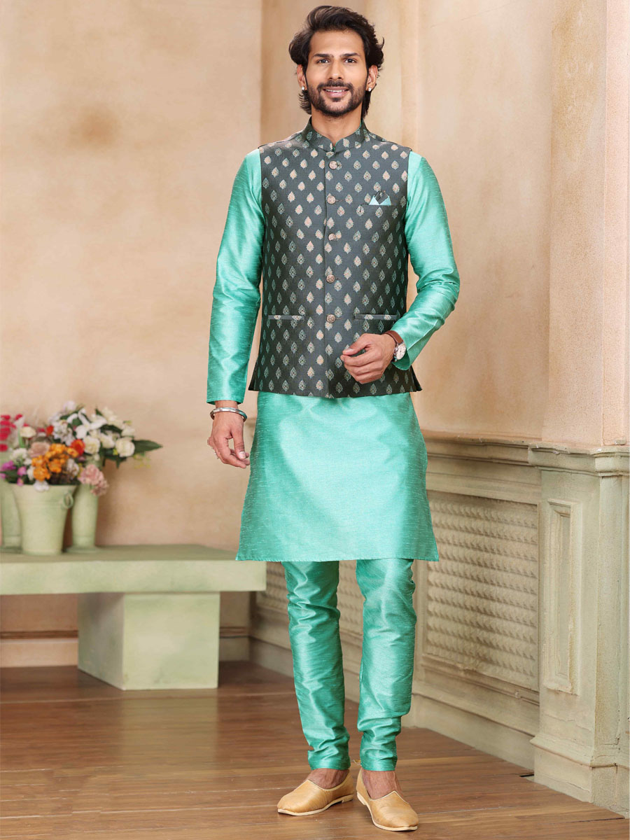 Green Art Banarasi Silk Printed Festival Wedding Kurta