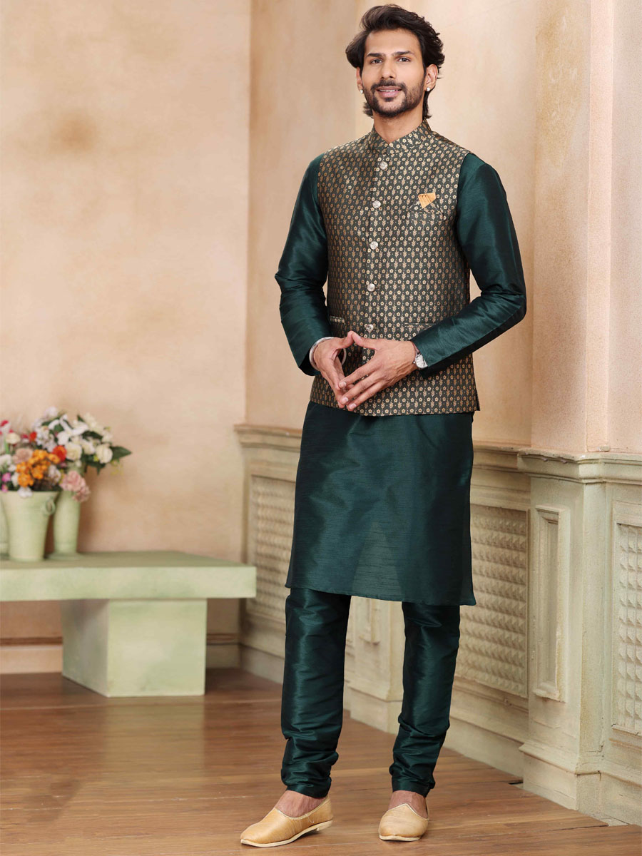 Green Art Banarasi Silk Printed Festival Wedding Kurta