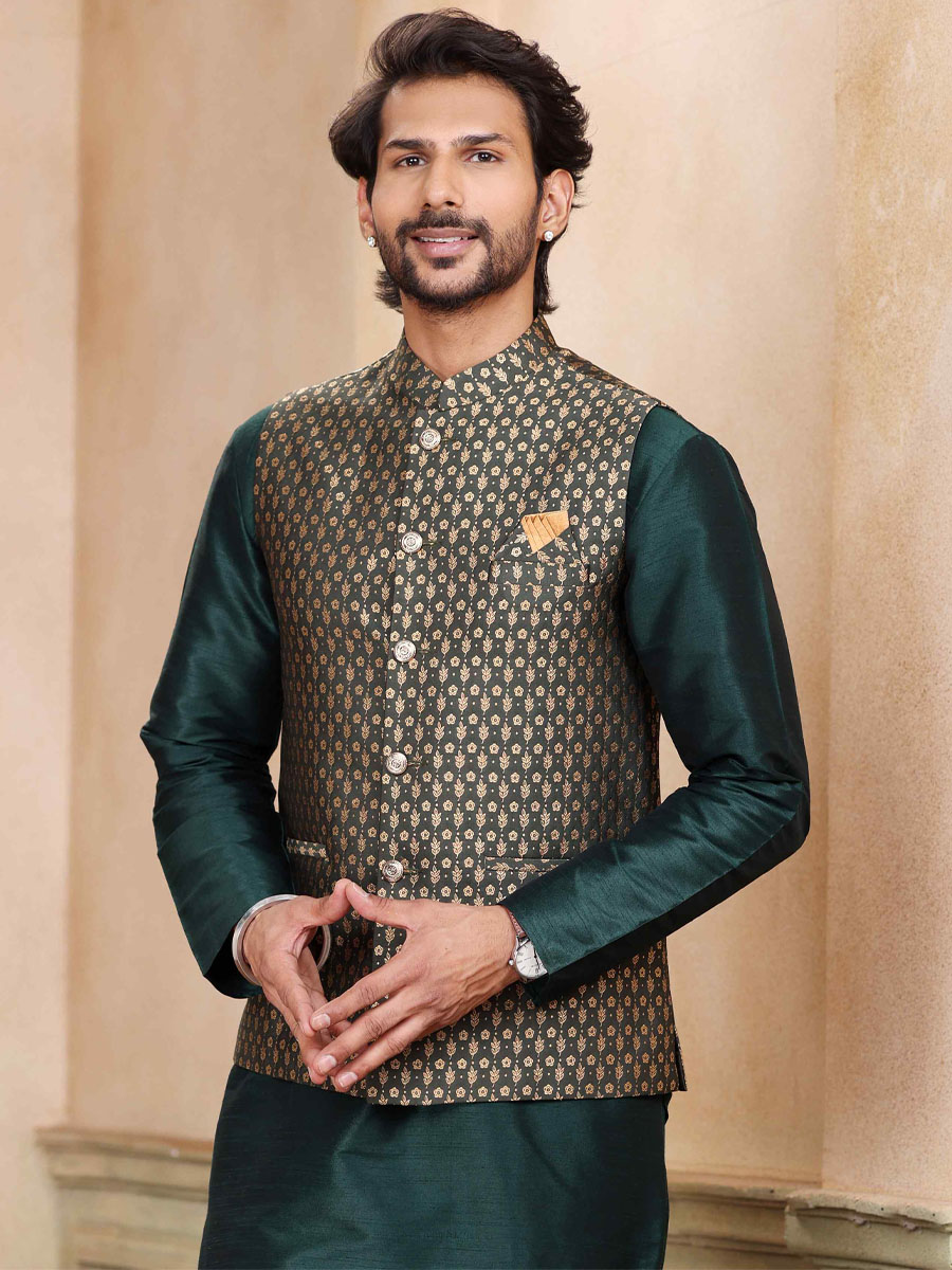 Green Art Banarasi Silk Printed Festival Wedding Kurta