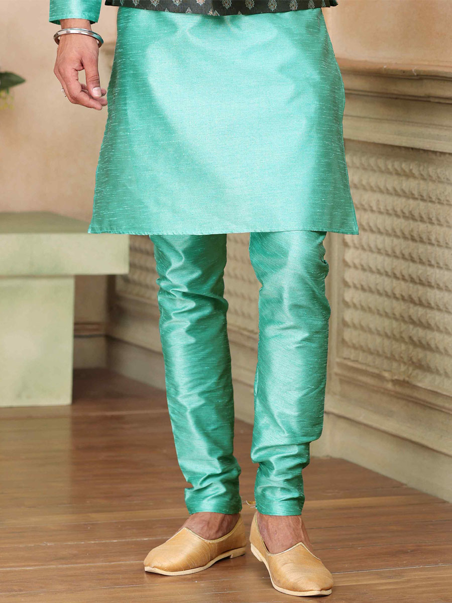 Green Art Banarasi Silk Printed Festival Wedding Kurta