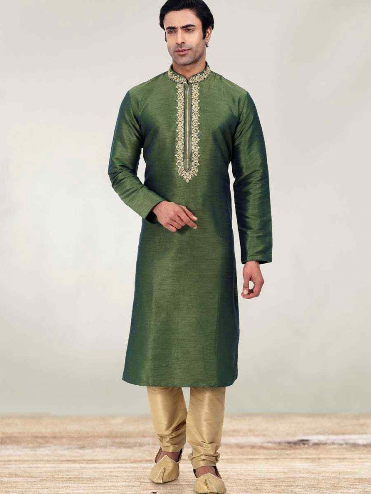Green Art Banarasi Silk Woven Festival Mehendi Kurta