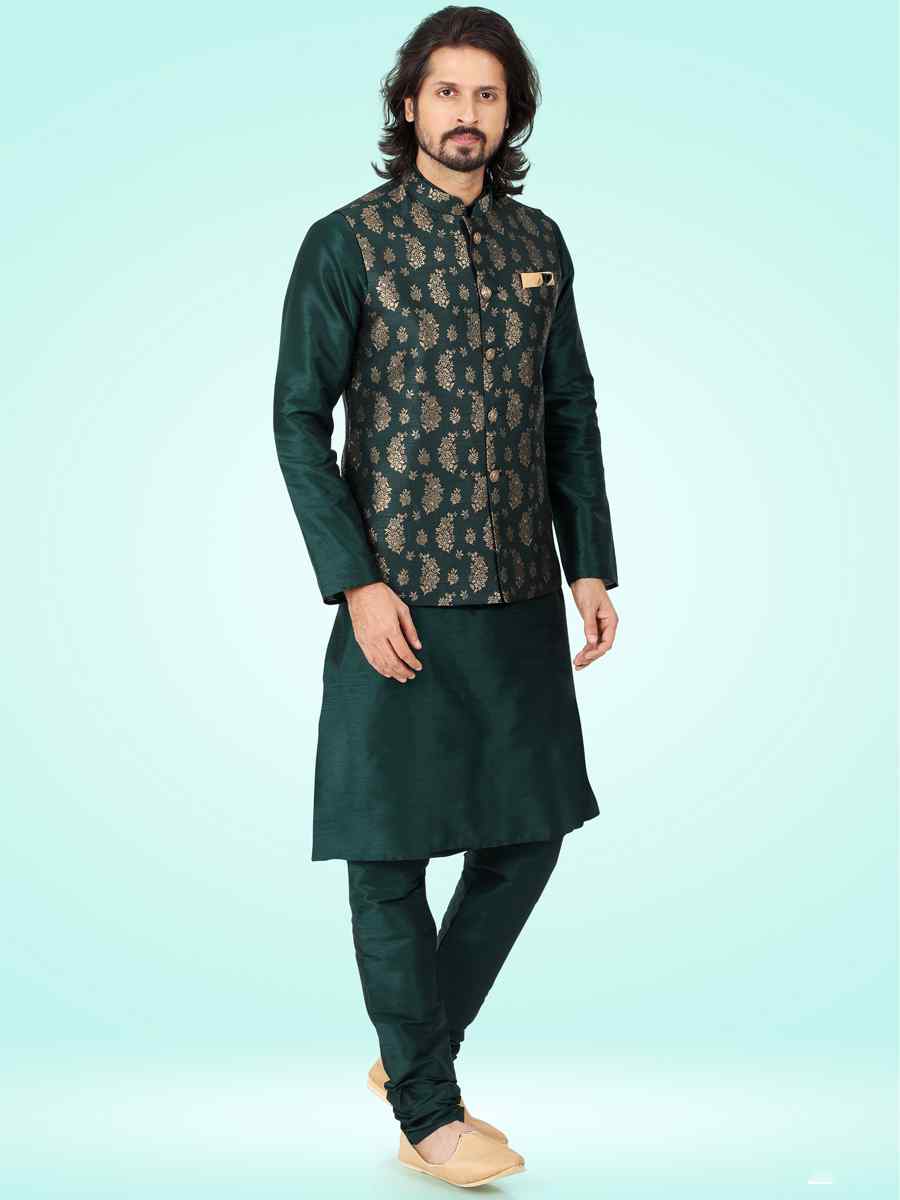Green Art Banarasi Silk Woven Festival Party Kurta