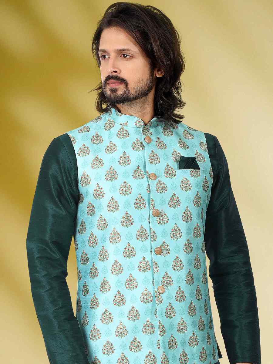 Green Art Banarasi Silk Woven Festival Party Kurta