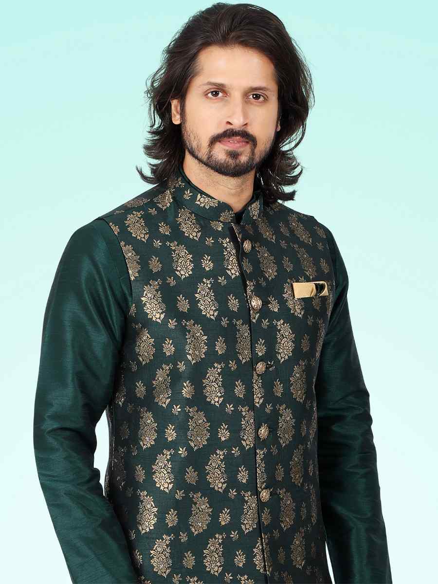 Green Art Banarasi Silk Woven Festival Party Kurta