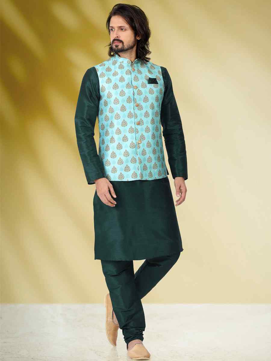 Green Art Banarasi Silk Woven Festival Party Kurta