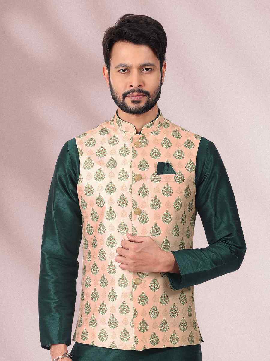 Green Art Banarasi Silk Woven Festival Party Kurta