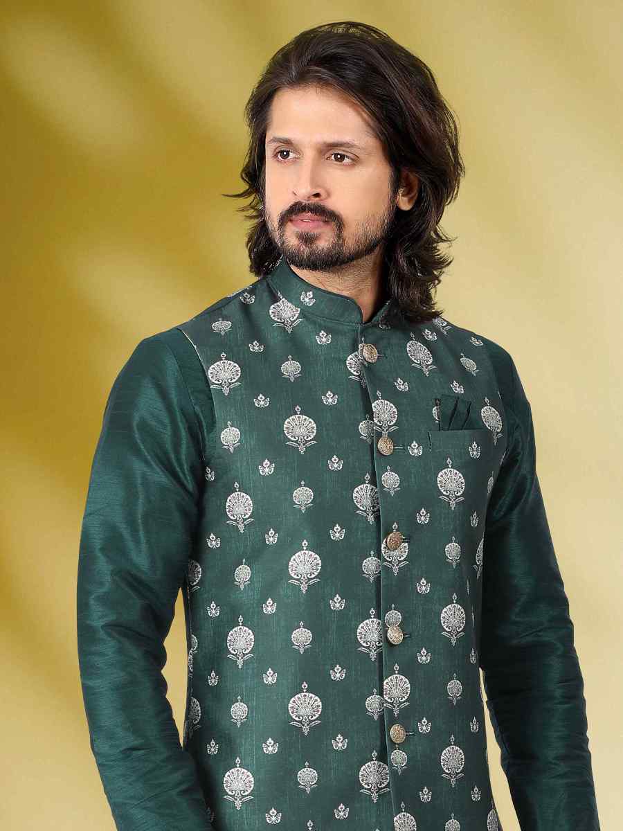 Green Art Banarasi Silk Woven Festival Party Kurta