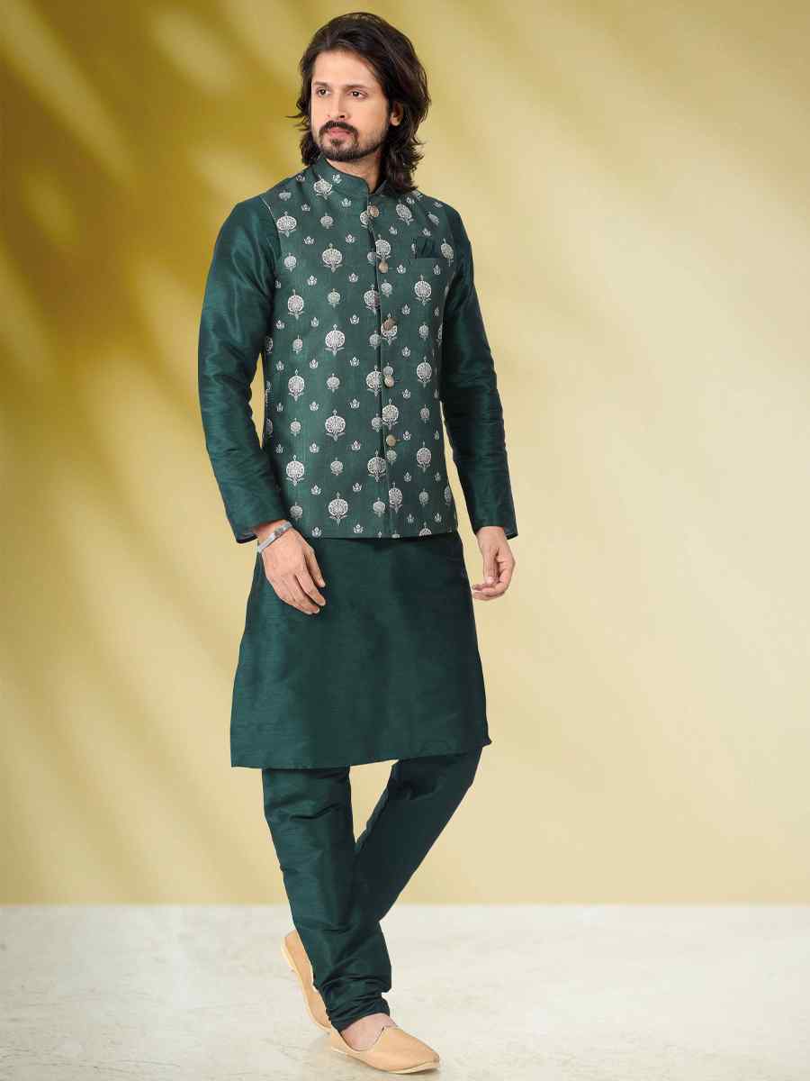 Green Art Banarasi Silk Woven Festival Party Kurta