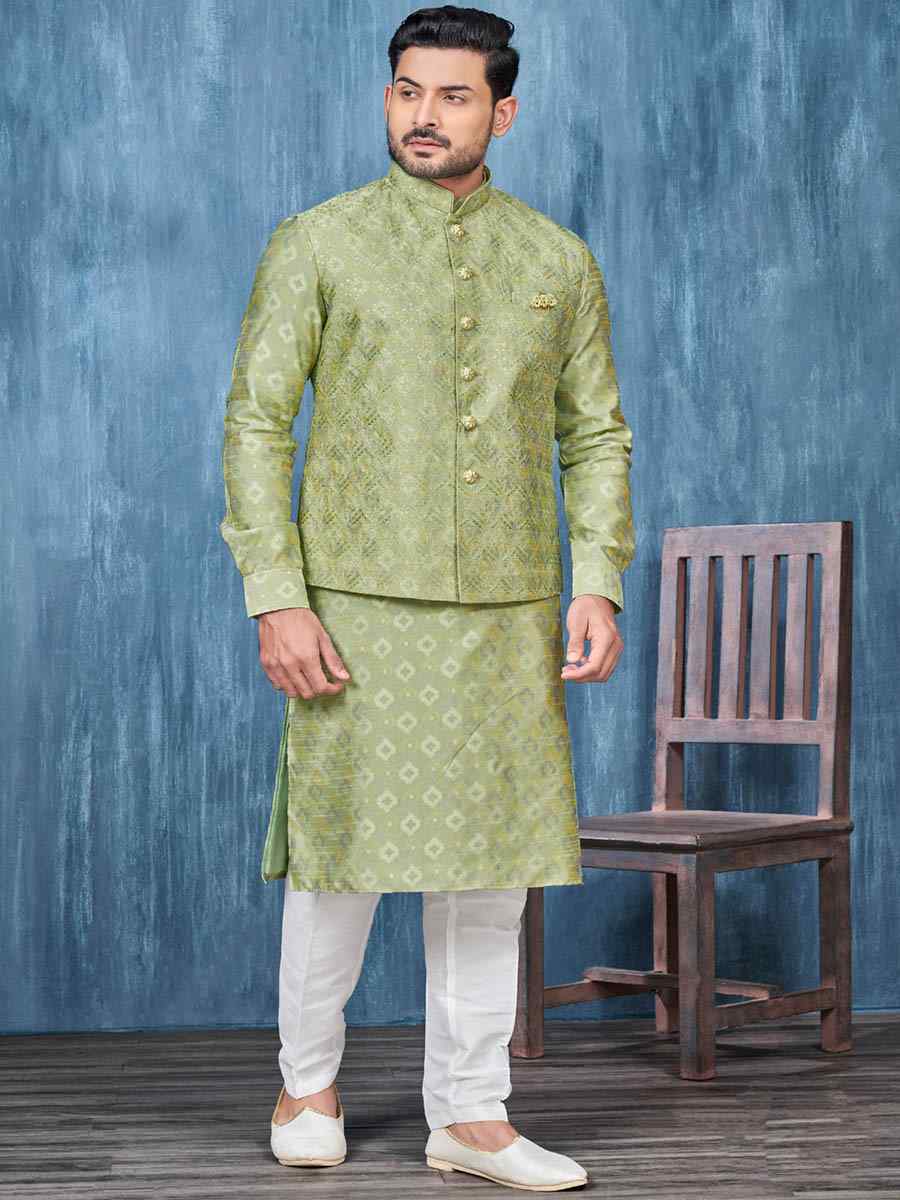 Green Art Banarasi Silk Woven Festival Wedding Kurta