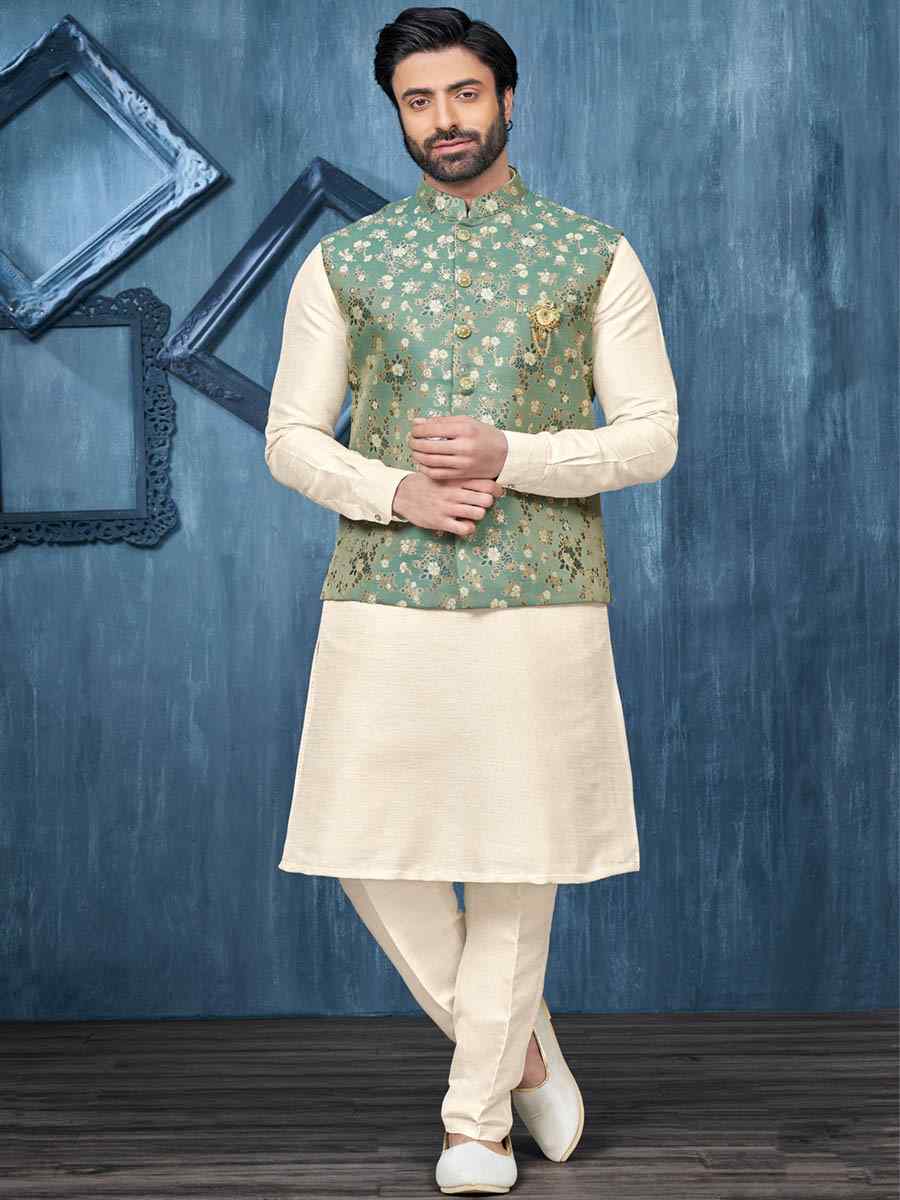 Green Art Banarasi Silk Woven Festival Wedding Kurta