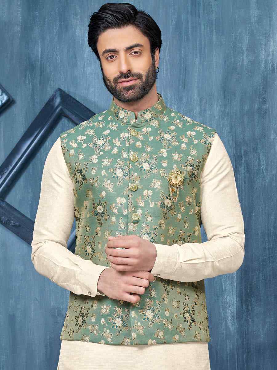 Green Art Banarasi Silk Woven Festival Wedding Kurta