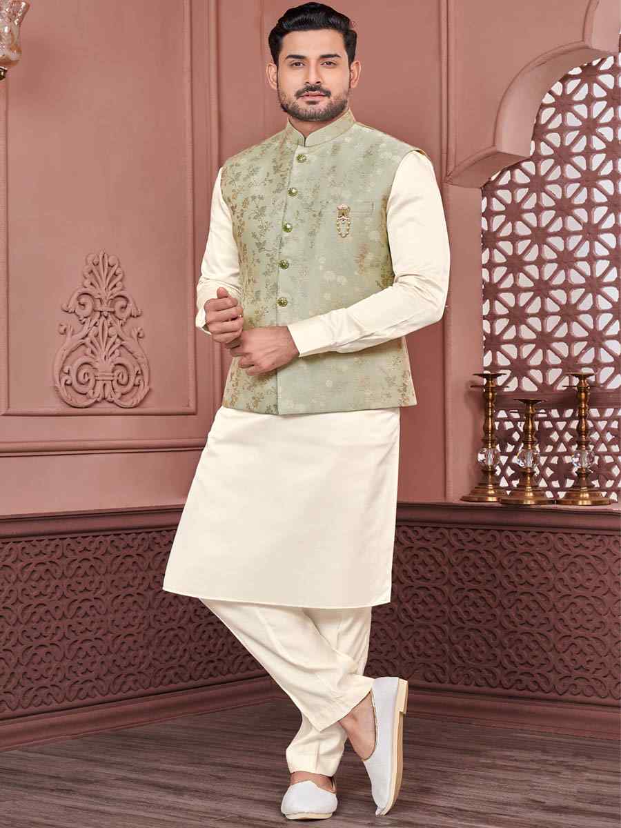 Green Art Banarasi Silk Woven Festival Wedding Kurta