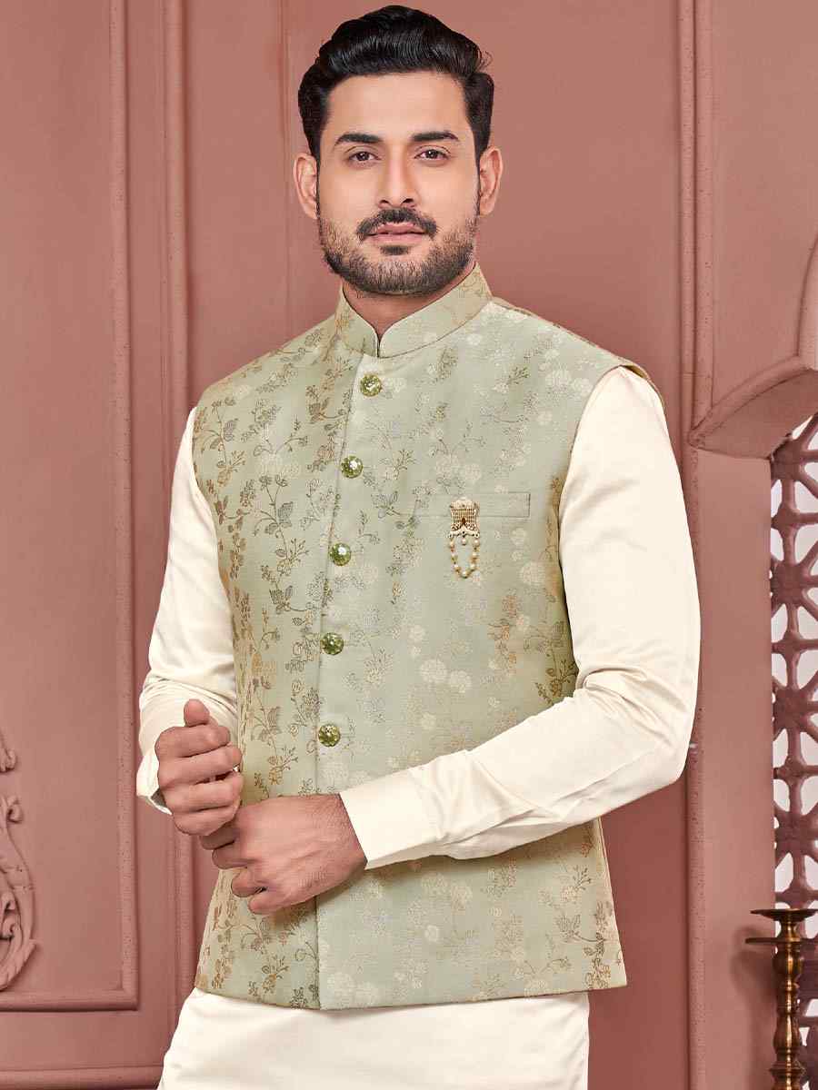 Green Art Banarasi Silk Woven Festival Wedding Kurta