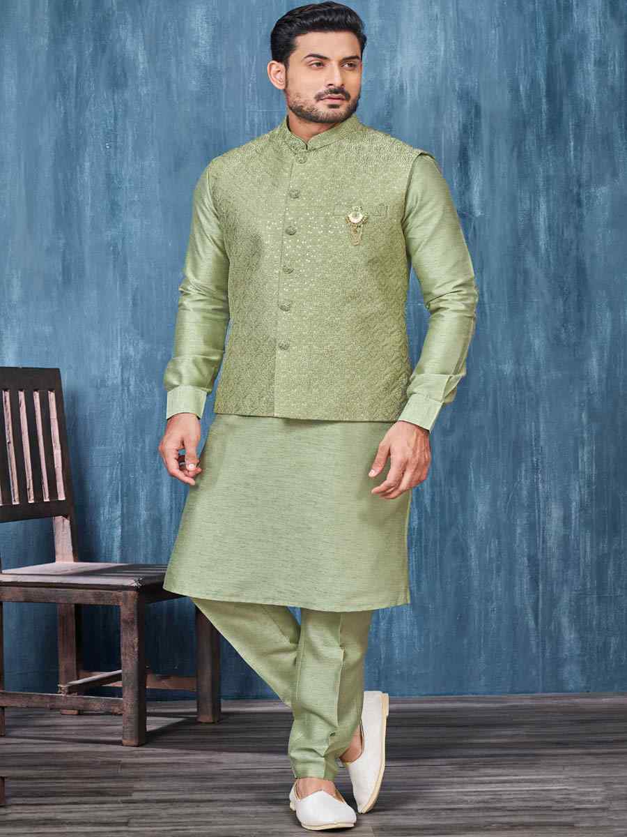 Green Art Banarasi Silk Woven Festival Wedding Kurta