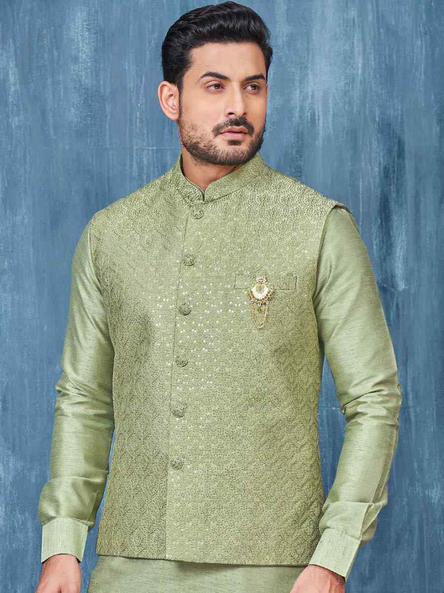 Green Art Banarasi Silk Woven Festival Wedding Kurta