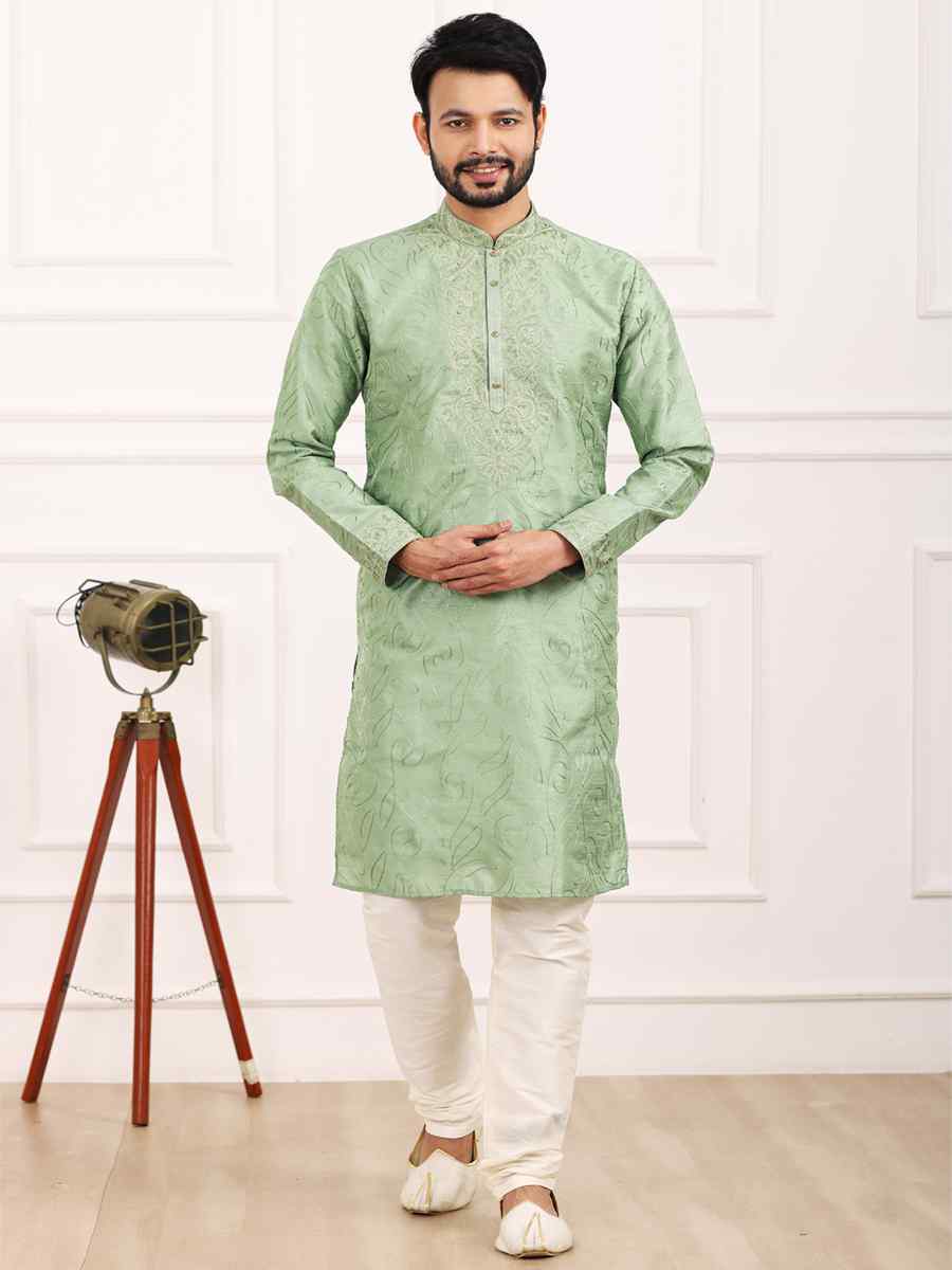 Green Art Banarasi Silk Woven Festival Wedding Kurta