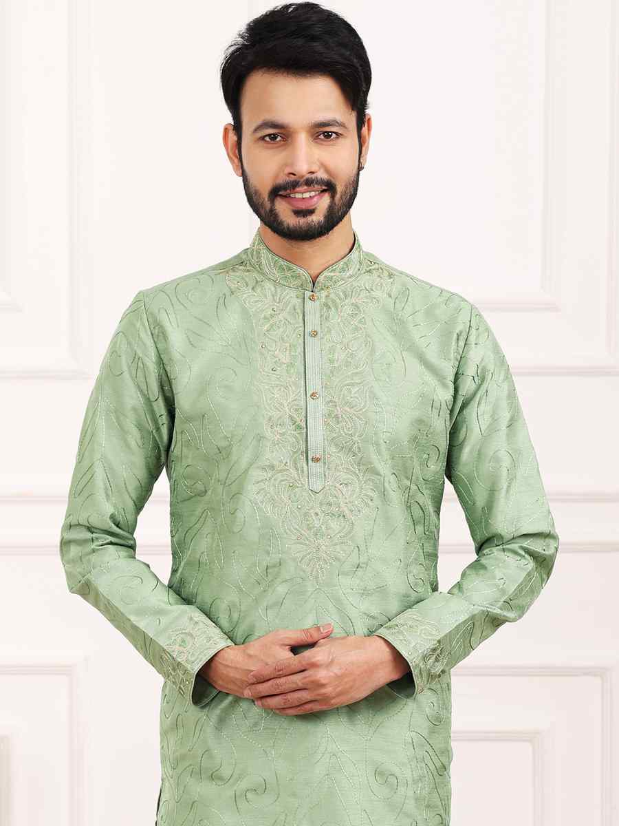 Green Art Banarasi Silk Woven Festival Wedding Kurta