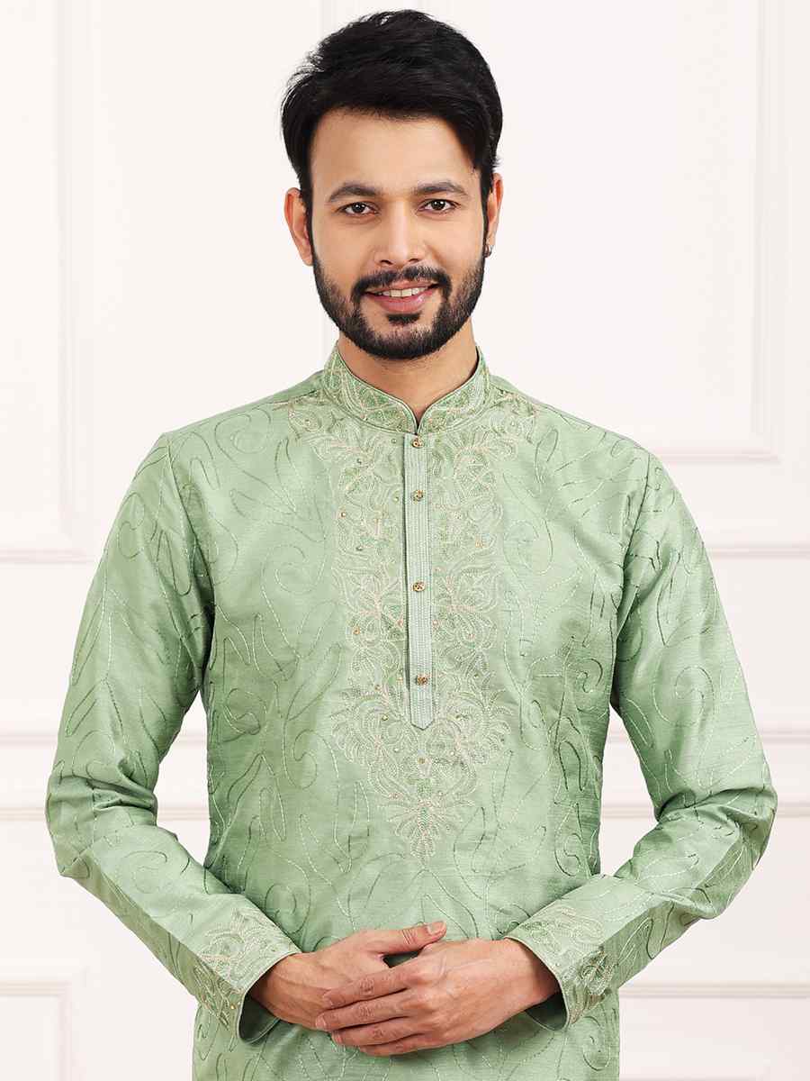 Green Art Banarasi Silk Woven Festival Wedding Kurta