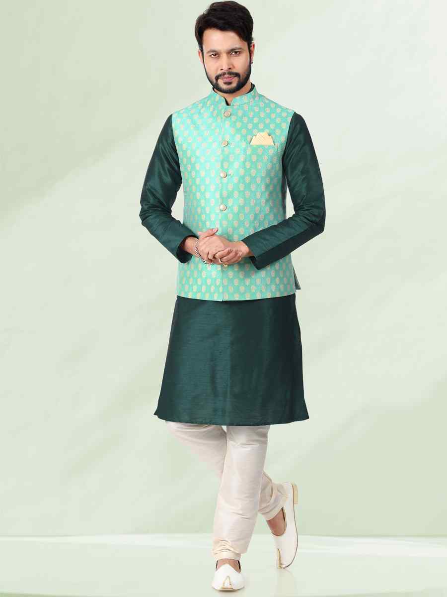 Green Art Banarasi Silk Woven Festival Wedding Kurta