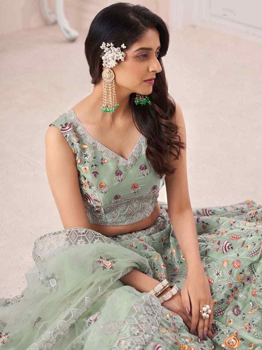 Green Art Silk Embroidered Bridal Reception Heavy Border Lehenga Choli