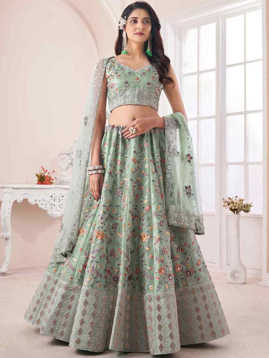Green Art Silk Embroidered Bridal Reception Heavy Border Lehenga Choli