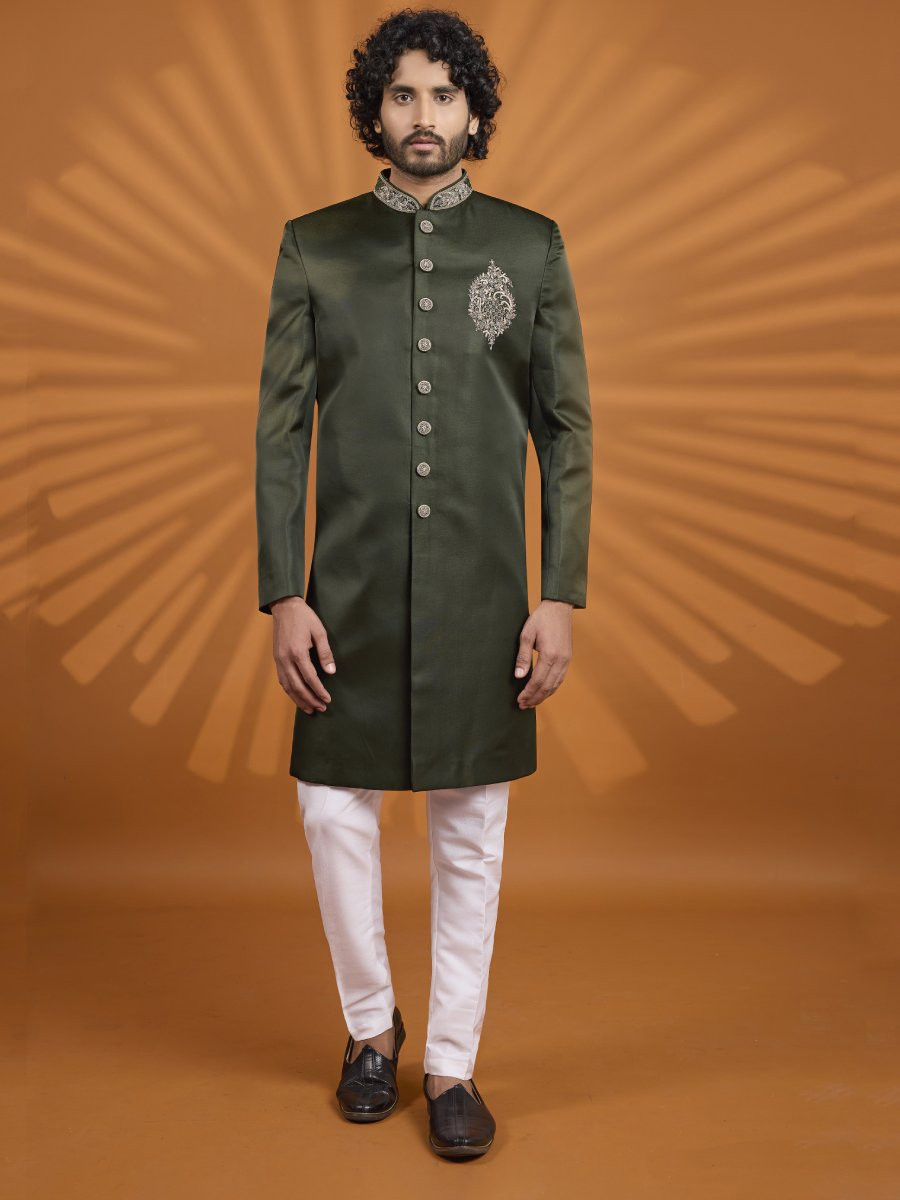 Green Art Silk Embroidered Computer Thread work Wedding Party Festival Groom Sherwani