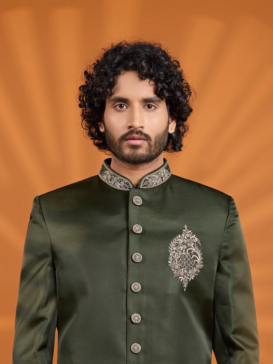 Green Art Silk Embroidered Computer Thread work Wedding Party Festival Groom Sherwani