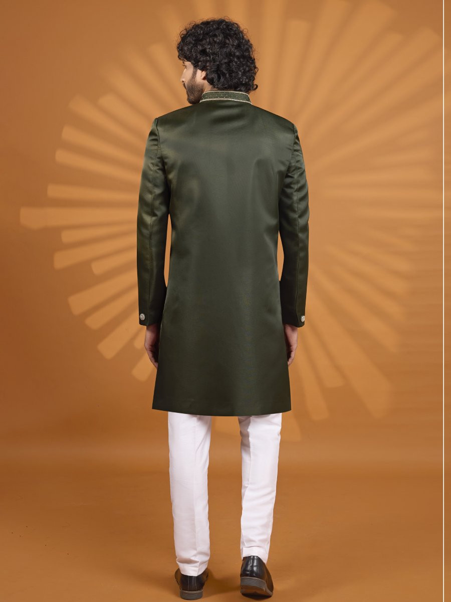 Green Art Silk Embroidered Computer Thread work Wedding Party Festival Groom Sherwani