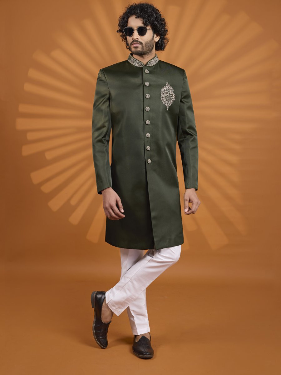 Green Art Silk Embroidered Computer Thread work Wedding Party Festival Groom Sherwani