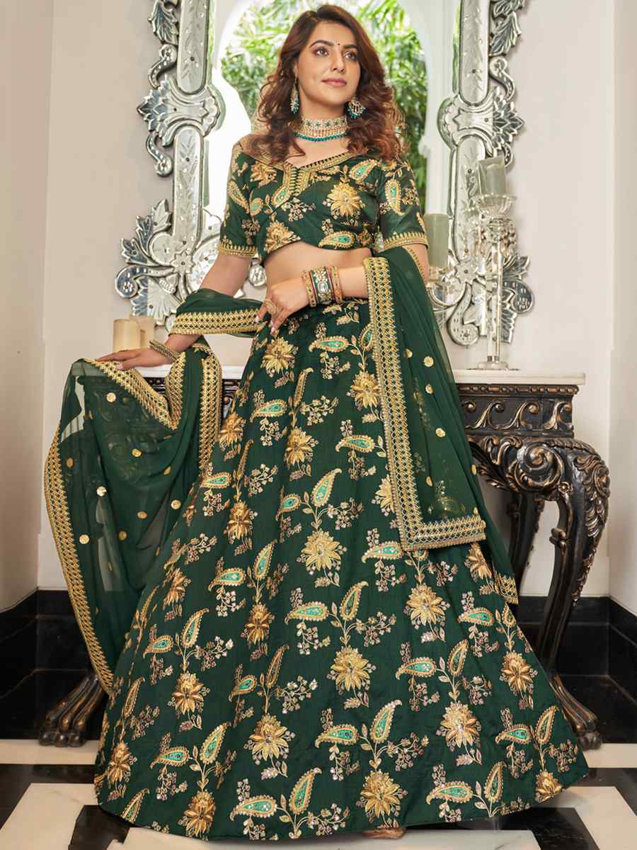 Green Art Silk Embroidered Engagement Wedding Heavy Border Lehenga Choli