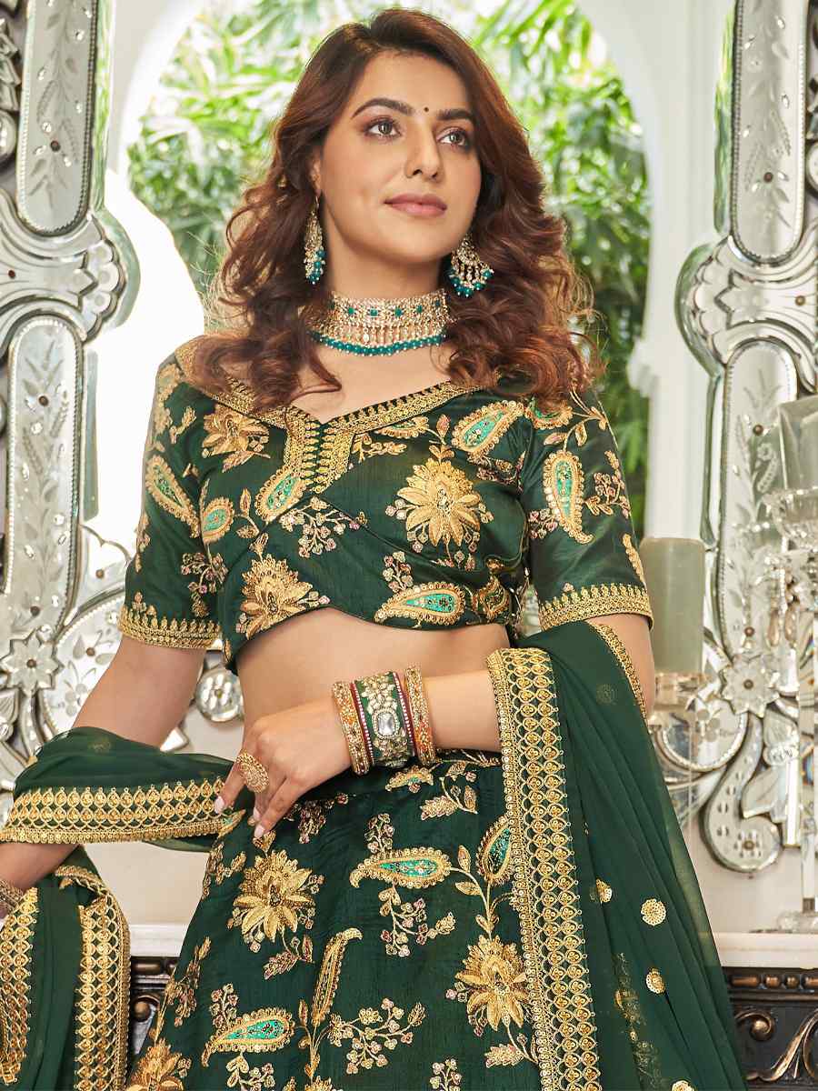 Green Art Silk Embroidered Engagement Wedding Heavy Border Lehenga Choli