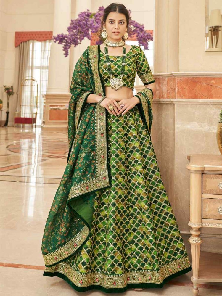 Green Art Silk Embroidered Engagement Wedding Heavy Border Lehenga Choli