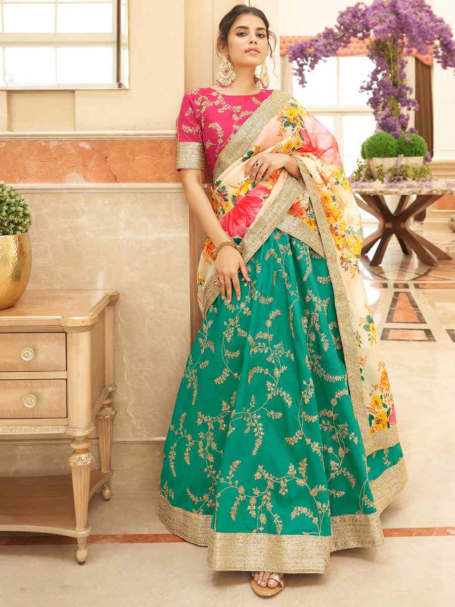 Green Art Silk Embroidered Engagement Wedding Heavy Border Lehenga Choli