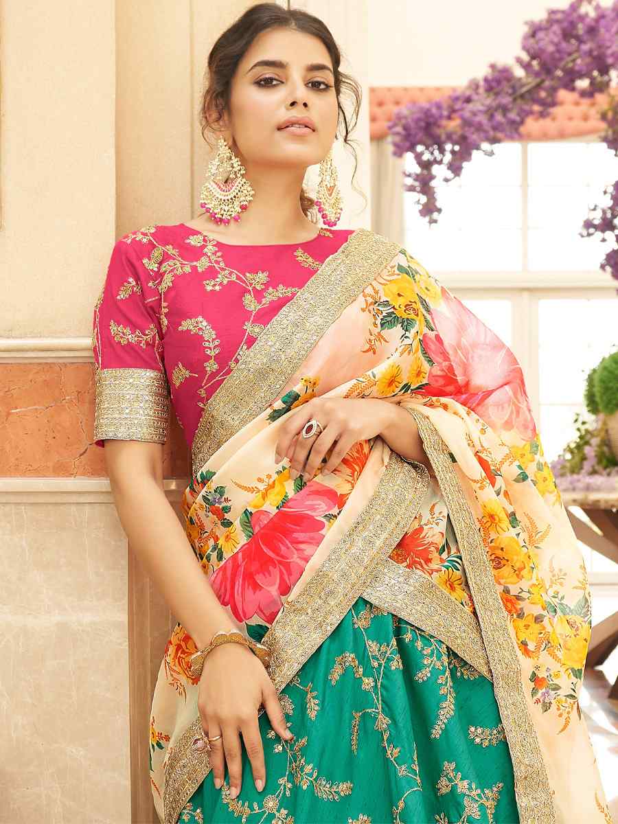 Green Art Silk Embroidered Engagement Wedding Heavy Border Lehenga Choli