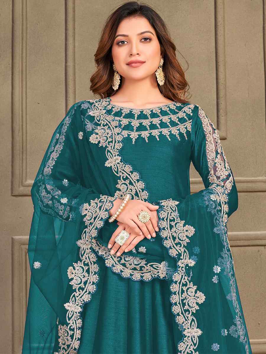 Green Art Silk Embroidered Festival Wedding Anarkali Salwar Kameez